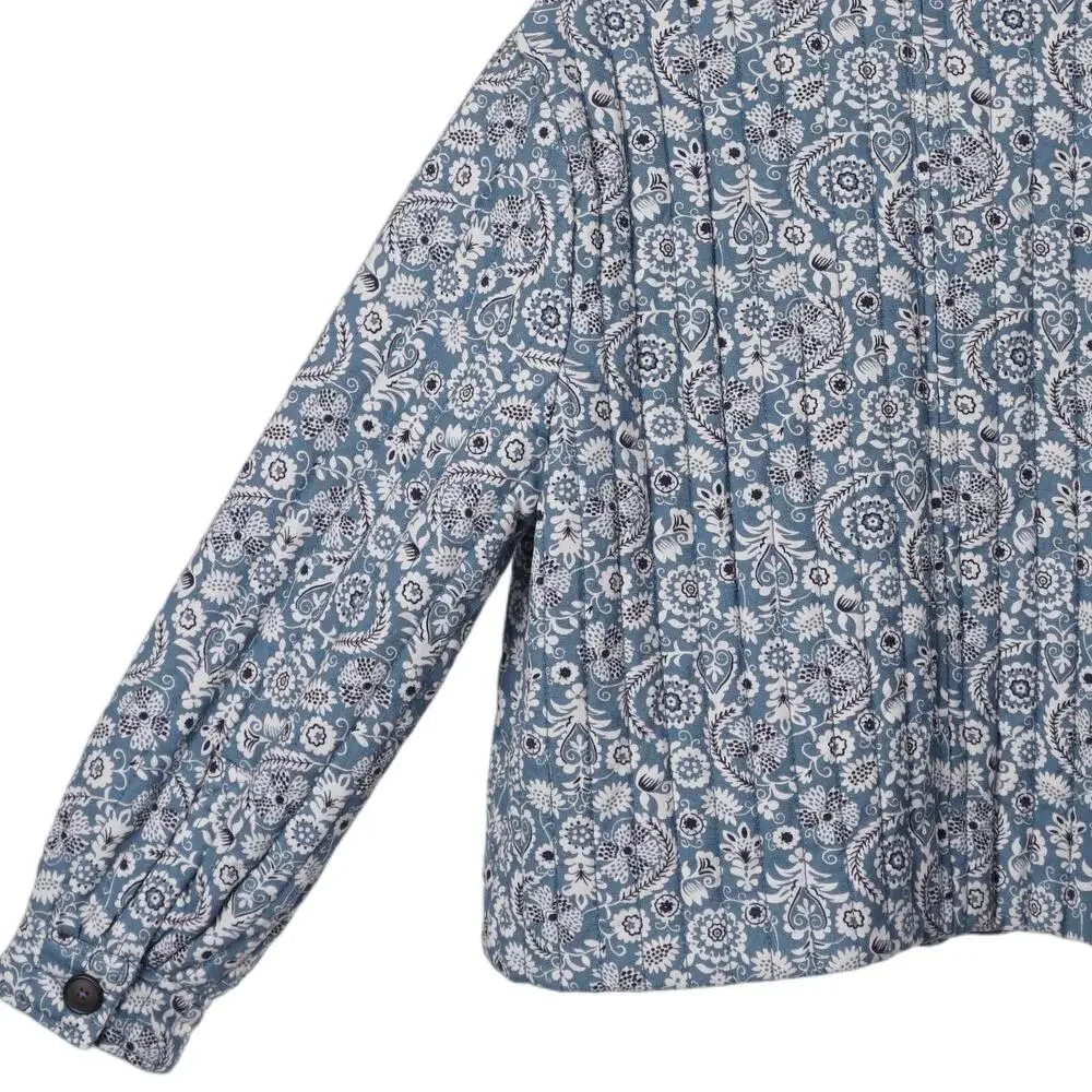 Boden Quilted Jacket Women 12 Blue Floral Cotton Linen Button Up Pockets Casual - Picture 6 of 9